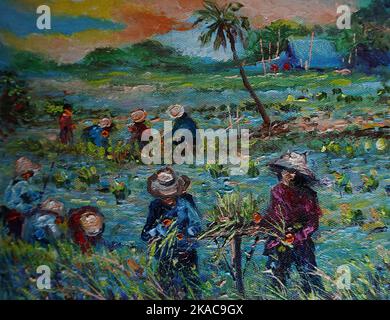 Art peinture huile couleur Thaïlande cultiver le riz , transplantation de semis de riz Banque D'Images