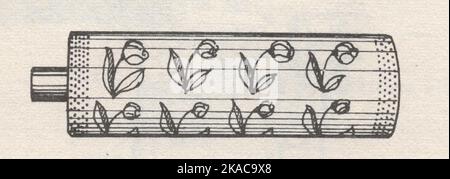 collection illustrée de techniques, méthodes et outils de gravure d'un livre inconnu, outils de gravure, techniques et échantillons: motif floral cylindrique Banque D'Images