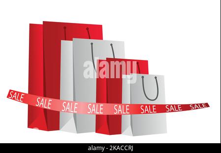 Sacs à provisions en rouge et blanc. Le concept d'une offre spéciale de réductions, de ventes, de shopping. Pour la nouvelle année, noël, la fête des femmes, la Saint-Valentin Illustration de Vecteur