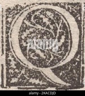 Ancienne lettre majuscule décorative Q. ancienne 15th siècle illustration gravée d'une page d'Incunabula Banque D'Images