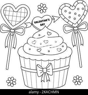 Page de coloriage de Saint-Valentin cupcake et bonbons Illustration de Vecteur