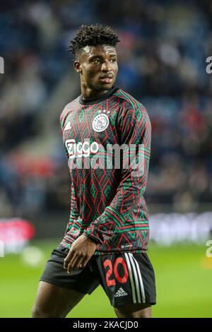 MOHAMMED KUDUS, joueur de football professionnel, jouant pour Ajax, lors d'une séance d'entraînement au stade Ibrox de Glasgow, avant le match de la ligue des champions de l'UEFA Banque D'Images