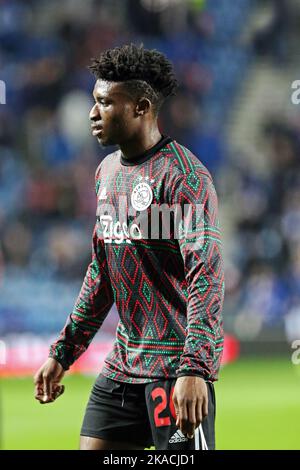 MOHAMMED KUDUS, joueur de football professionnel, jouant pour Ajax, lors d'une séance d'entraînement au stade Ibrox de Glasgow, avant le match de la ligue des champions de l'UEFA Banque D'Images