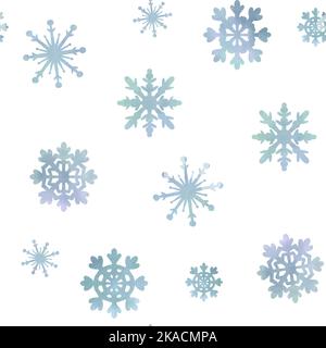 Motif sans couture aquarelle neige. Flocons de neige bleus dégradés texturés dessinés à la main sur fond blanc. Magnifique fond de flocons de neige classiques. Banque D'Images