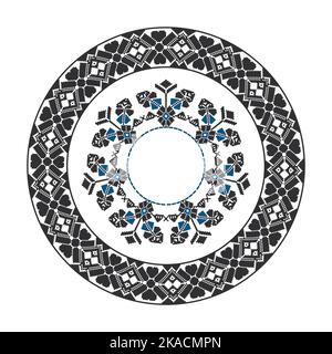 Cadre rond avec motif ethnique bleu et noir. Illustration de Vecteur
