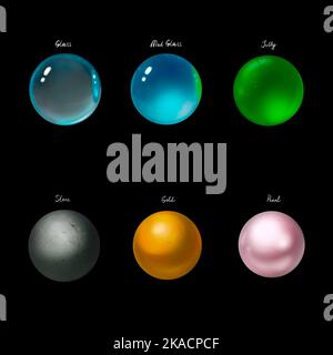 Jeu de boules rondes ui, cercles texturés en verre, or, métal, bois ou pierre. Bordures de bande dessinée, motif graphique isolé Banque D'Images