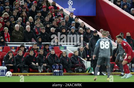 1st novembre 2022, Stade Anfield, Liverpool, Angleterre: Champions League football, Liverpool contre Napoli; Jurgen Klopp, directeur de Liverpool, et son équipe d'entraînement suivent l'action du dugout Banque D'Images