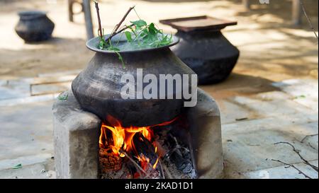 Feuilles de Neem vert connues sous le nom d'Azadirachta indica bouillies dans l'eau sur le chulha. Neem en ébullition, nimtree ou lilas indien sur poêle à argile. Utilisation village indien pour Banque D'Images