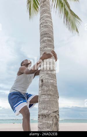 De dessous de l'homme ethnique anonyme en chemise et short grimpant arbre tropical sur la plage par jour ensoleillé nuageux Banque D'Images