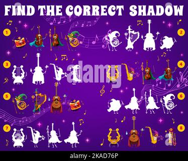 Jeu Shadow Match, personnages d'instruments de musique de fée et de magicien, ondes de musique de son vectoriel. Trouvez l'ombre correcte, jeu de puzzle pour enfants avec un sorcier de violon de bande dessinée, un magicien de trompette et un warlock de tambour Illustration de Vecteur