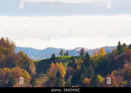 Belle colline dans les couleurs de l'automne, ville dans le brouillard visible en arrière-plan. Concepts de saisons, d'environnement, de climat et de changement climatique Banque D'Images