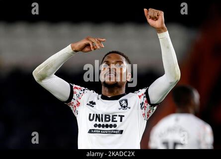 Chuba Akpom de Middlesbrough célèbre après le match du championnat Sky Bet au MKM Stadium, Kingston upon Hull. Date de la photo: Mardi 1 novembre 2022. Banque D'Images