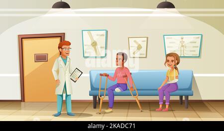 Personnes handicapées homme avec une jambe amputée et femme avec bras cassé dans la salle d'attente avec le médecin dessin animé illustration vecteur Illustration de Vecteur