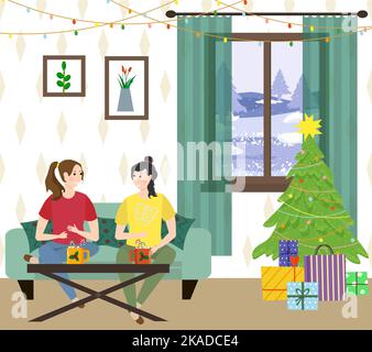 Intérieur confortable avec un sapin de Noël, des cadeaux et une fenêtre. Les filles s'assoient sur le canapé et boivent du cacao avec des guimauves. Ambiance de Noël festive. Illustration de Vecteur