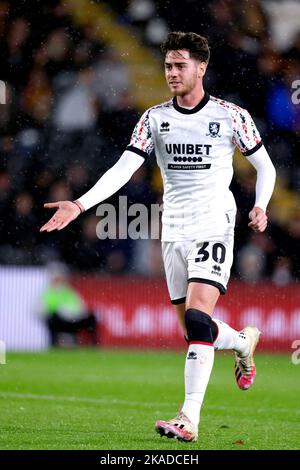 Hayden Hackney de Middlesbrough en action pendant le match du championnat Sky Bet au stade MKM, Kingston upon Hull. Date de la photo: Mardi 1 novembre 2022. Banque D'Images