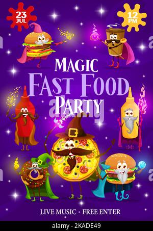 Halloween Magic Party flyer, assistant de dessin animé de restauration rapide et personnages de mage. Affiche vectorielle avec hamburger amusant, tasse de café, ketchup et bouteilles de moutarde, pizza et beignets à emporter avec les sorciers fastfood Illustration de Vecteur