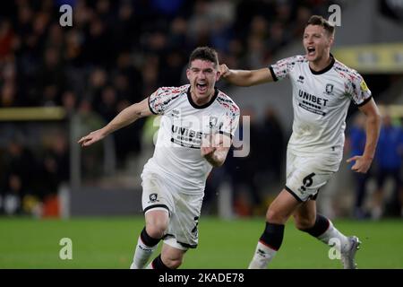 Darragh Lenihan de Middlesbrough célèbre lors du match de championnat Sky Bet au MKM Stadium, Kingston upon Hull. Date de la photo: Mardi 1 novembre 2022. Banque D'Images