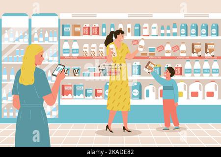 Composition de supermarché d'allergie alimentaire femme et son bébé en magasin dans le département de lait choisir l'illustration vectorielle sans lactose Illustration de Vecteur