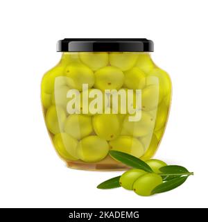 Olives vertes en bocal composition réaliste avec vue avant du verre peut rempli d'olives vertes illustration vectorielle Illustration de Vecteur