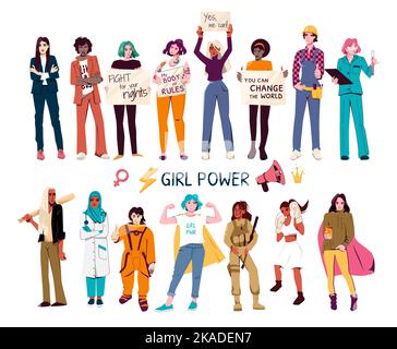 Girl power Flat ensemble de personnages féminins de différentes ethnicité lutte pour les droits des femmes illustration vectorielle isolée Illustration de Vecteur