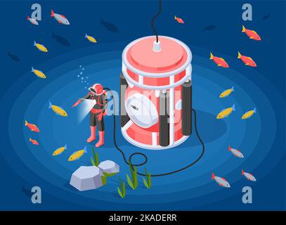 Sous l'eau Explorer la composition isométrique avec l'homme en costume de plongée étudiant les habitants de l'océan près de bathyscaphe illustration de vecteur Illustration de Vecteur