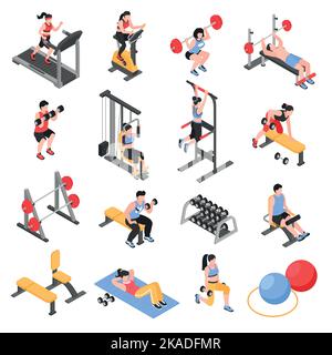 Isometic Gym fitness club icônes ensemble avec des hommes et des femmes entraînement à l'intérieur illustration vectorielle isolée Illustration de Vecteur