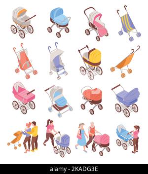 Icônes isométriques de chariot de bébé avec parents poussant poussettes illustration vectorielle isolée Illustration de Vecteur