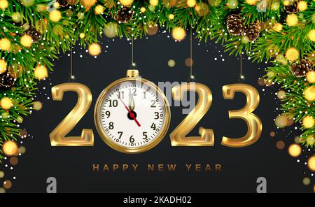 Carte de Noël avec bordure en sapin numéros 2023 et horloge. Sur fond sombre avec bokeh lumineux et flocons de neige. 3d vecteur réaliste. Illustration de Vecteur