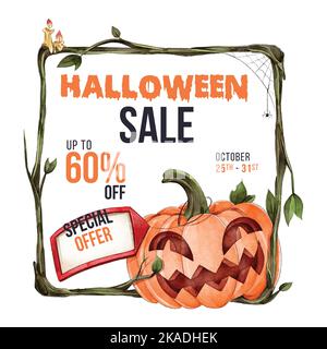 Bannière de vente ou modèle de publication pour les médias sociaux d'Halloween. Soldes d'Halloween. Illustration de Vecteur