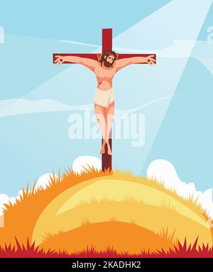 Jusus Christ sur la croix crucifixion enfant bible dessin animé scène illustration vectorielle Illustration de Vecteur