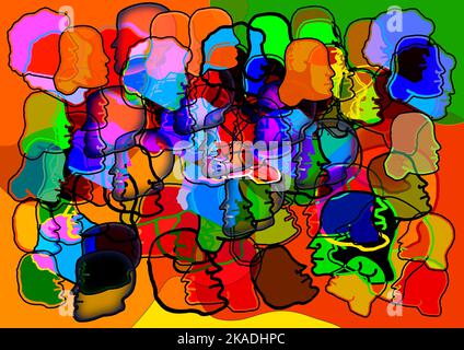 Concept de foule. Art abstrait beaucoup de visages colorés ensemble. Illustration abstraite Banque D'Images