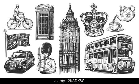 Angleterre, Londres. Collection d'illustrations dessinées à la main dans un style d'esquisse de gravure vintage. Concept du Royaume-Uni Banque D'Images