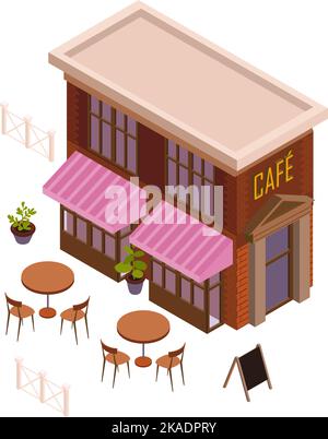 Intérieur de restaurant et cafétéria composition isométrique avec image isolée de bâtiment de café avec sièges extérieurs illustration vectorielle Illustration de Vecteur