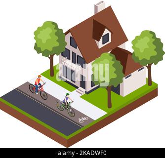 Composition isométrique avec homme et femme vélo le long de la piste cyclable après cour de maison privée 3D illustration vectorielle Illustration de Vecteur