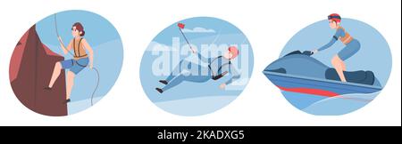 Compositions plates de sport extrême sur fond de couleur ensemble d'escalade parachutage hydrocyclisme illustration vectorielle isolée Illustration de Vecteur