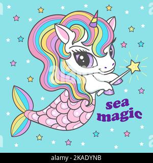 Texte magique de la mer. Mignonne licorne sirène. Vecteur Illustration de Vecteur