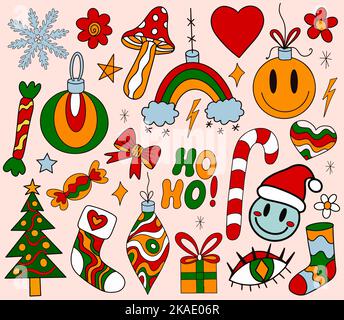 Ensemble de 70s éléments style rétro joyeux Noël. Hippie collection de vacances clip art main dessin style. Sapin de Noël, flocons de neige, cadeaux tendance moderne Illustration de Vecteur