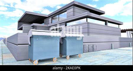 Deux conteneurs de déchets industriels en zinc sur pavage rectangulaire en béton près d'une maison futuriste avec un composite métallique innovant à économie de chaleur Banque D'Images