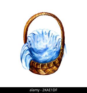 Panier en osier avec tissu, isolation. Illustration aquarelle. Pour le design de composition les illustrations pour enfants imprime textiles emballage cartes postales. Banque D'Images