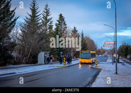 Reykjavik, Islande - 20 janvier 2022: Un groupe d'écoliers monter dans le bus à l'arrêt. Gris jour d'hiver. Banque D'Images