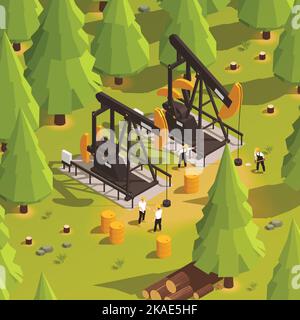 Procédé de forage de puits de pétrole avec deux barriques de barriques et ouvriers en forêt 3D illustration vectorielle isométrique Illustration de Vecteur