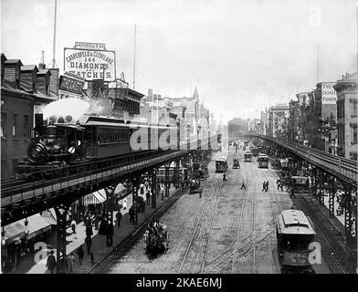 Un train à vapeur sur la troisième Avenue El sur le Bowery en 1896 Banque D'Images