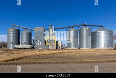 Bacs à grain en métal et un ancien élévateur à grain avec une publicité de farine de type Buy Dakota Maid décolorée à Cleveland, Dakota du Nord Banque D'Images