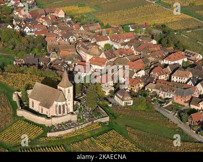 VUE AÉRIENNE. Village pittoresque au pied des Vosges avec ses vignobles aux couleurs automnales. Hunawihr, Alsace, Grand est, France. Banque D'Images