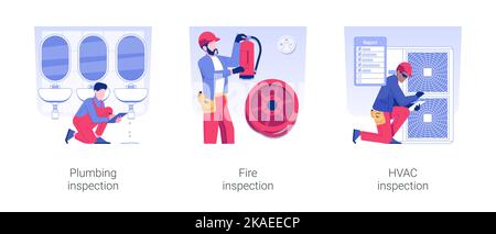 Ensemble d'illustrations vectorielles de concept isolées pour les inspections des services publics de bâtiments. Inspection de la plomberie et de l'incendie, vérification des systèmes de chauffage et de refroidissement, animation vectorielle de la circulation et de l'entretien de la ventilation. Illustration de Vecteur