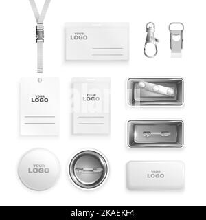 Jeu réaliste de badges métalliques et en papier avec cordon et clips illustration vectorielle isolée Illustration de Vecteur