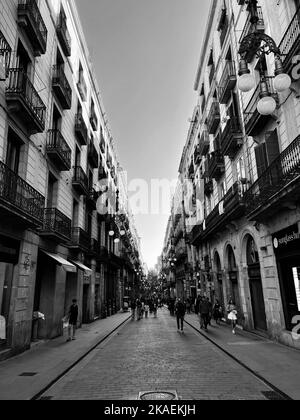 Une image verticale d'une rue étroite de Barcelone avec des bâtiments résidentiels Banque D'Images