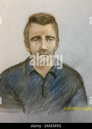 Dessin d'une artiste de la Cour par Elizabeth Cook de Ross McCullum, 30 ans, de Windsor Close, à Coalville, Leicestershire, au cours de son procès devant la Cour de la Couronne de Leicester, où il est accusé du meurtre de Megan Newborough, âgé de 23 ans. M. McCullum a admis l'homicide involontaire coupable de Mme Newborough, mais il nie son meurtre dans le salon de la maison de ses parents à Leicestershire. Son corps a été découvert dans la sous-croissance de Charley Road, près de Woodhouse Eaves, Leicestershire dans les premières heures de dimanche 8 août l'année dernière. Date de la photo: Mercredi 2 novembre 2022. Banque D'Images