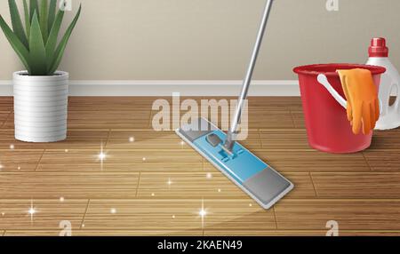 Composition de produits de nettoyage ménagers avec seau en plastique et plancher de lavage à la brosse illustration vectorielle réaliste Illustration de Vecteur