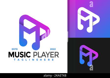 Un arrière-plan illustré de 2D avec bouton de lecture violet et icônes de note musicale et espace pour le texte ci-dessous Illustration de Vecteur